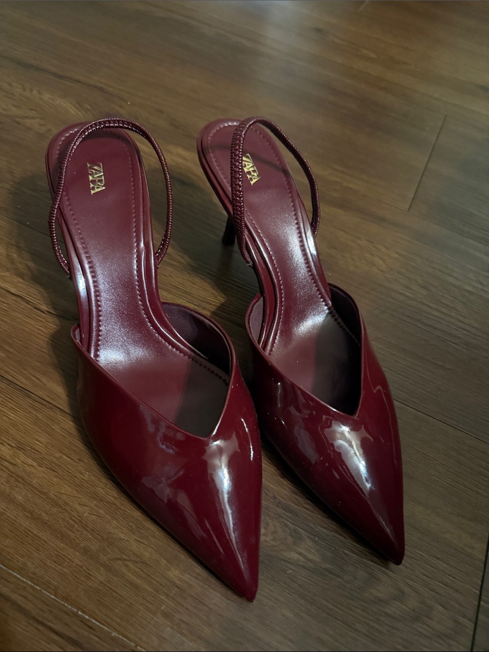 Zara Patent Pointed Slingback Heels in Deep Burgundy